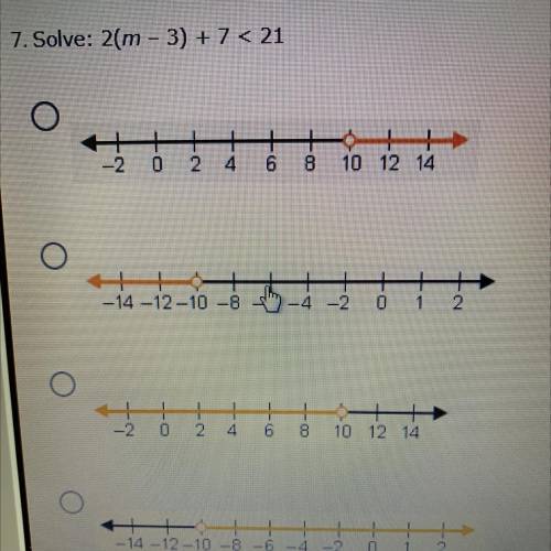 Solve: 2(m-3)+7<21
on a graph line.