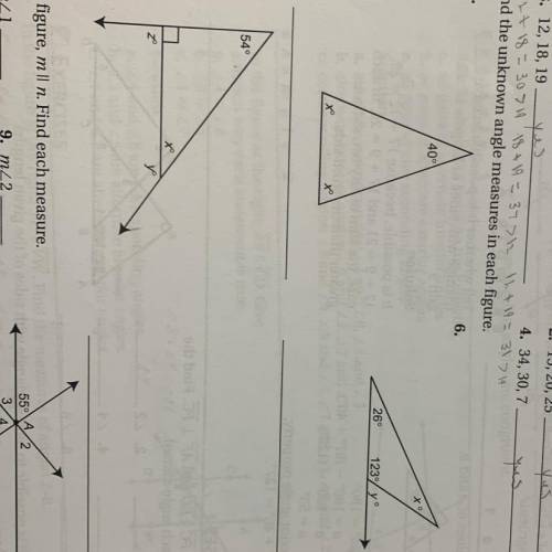 Find the unknown angle measure in each figure.
Questions 5, 6, and 7