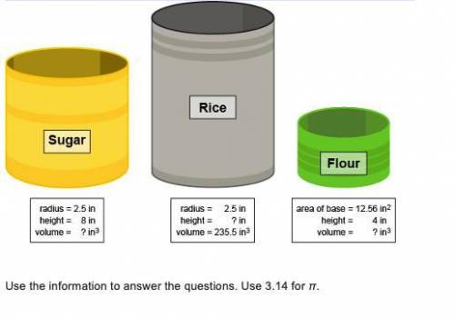 A restaurant stores flour, rice, and sugar in three different cylindrical containers

1. What is t