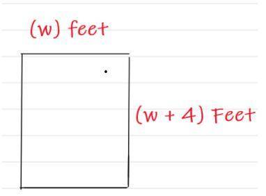 The image represents a rectangular patio that has a length equal to 4 feet more than the width. Wha