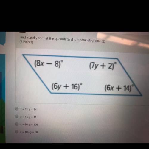 Find x and y so that the quadrilateral is a parallelogram. Help!