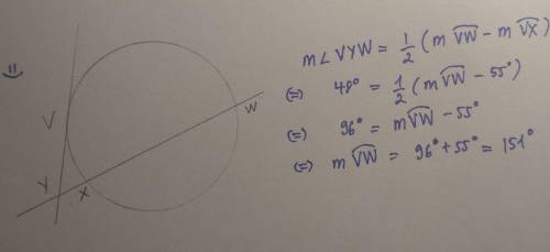 (b) In the figure below, mL VYW=48° and m VX=55º. Find m VW.

V
w
m VW = ] •
Y
X
X