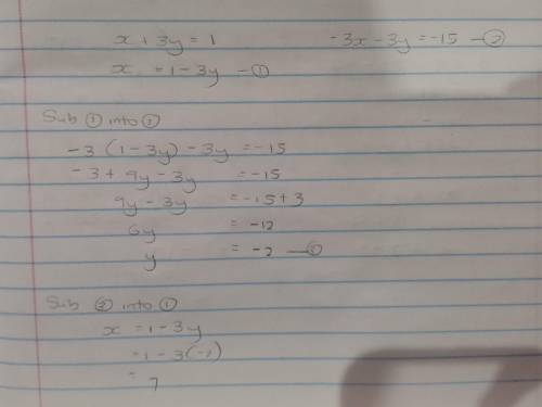 Solve as a whole number x + 3y = 1 
-3x - 3y = -15