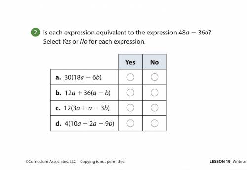 Is each expression equivalent to the expression 48a 2 36b? Select Yes or No for each expression.