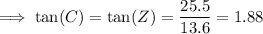 \implies \tan(C)=\tan(Z)=\dfrac{25.5}{13.6}=1.88