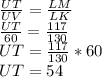 \frac{UT}{UV} =\frac{LM}{LK} \\\frac{UT}{60} =\frac{117}{130} \\UT =\frac{117}{130} *60\\UT=54