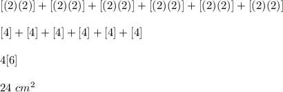 [(2)(2)] + [(2)(2)] + [(2)(2)] +  [(2)(2)] +  [(2)(2)] +  [(2)(2)] \\\\\ [4] + [4] + [4] +  [4] +  [4] +  [4]\\\\ 4[6] \\\\ 24 \space\ cm^{2}