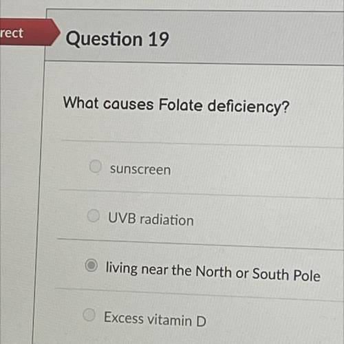 Question 19

What causes Folate deficiency?
sunscreen
UVB radiation
living near the North or South