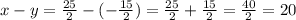 x-y=\frac{25}{2}-(-\frac{15}{2})=\frac{25}{2}+\frac{15}{2}=\frac{40}{2}=20