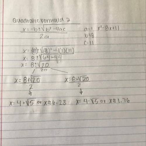 What are the solutions of the quadratic equation below ?
x^2-8x+11