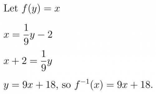 If f(x) =1/9x-2 what is f^1(x)

F^1(x) 9x+18
F^1(x) = 5x+2
F^1(x) =9x+2 
F^1(x)=-2+1/9