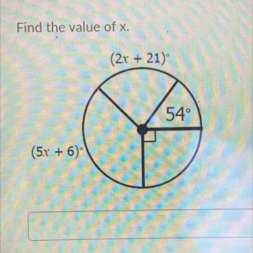 Find the value of x.
(2x + 21)
54°
(5x + 6)