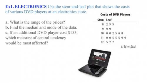Use the stem-and-leaf plot that shows the costs
of various DVD players at an electronics store.