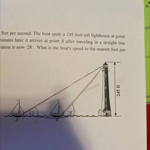 A boat is trying to determine its speed, in feet per second. The boat spots a 245 foot tall lightho