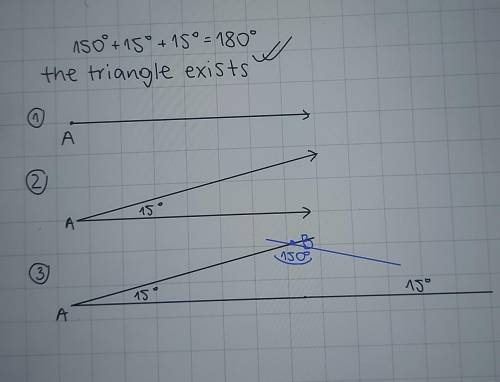 Pls help me

Use the tools below to construct a triangle with angle measures of 15°, 15°, and 150°,