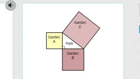A park in the shape of a right triangle is set in the middle of 3 square rose gardens, with one gar