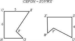 What is the ratio in simplest form between the length of a side in CEFGH and the length of its corr