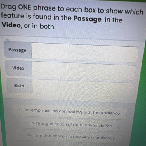 Drag ONE phrase to each box to show which

 
feature is found in the Passage, in the
Video, or in b