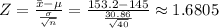 Z=\frac{\bar{x}-\mu}{\frac{\sigma}{\sqrt{n}}}=\frac{153.2-145}{\frac{30.86}{\sqrt{40}}}\approx1.6805