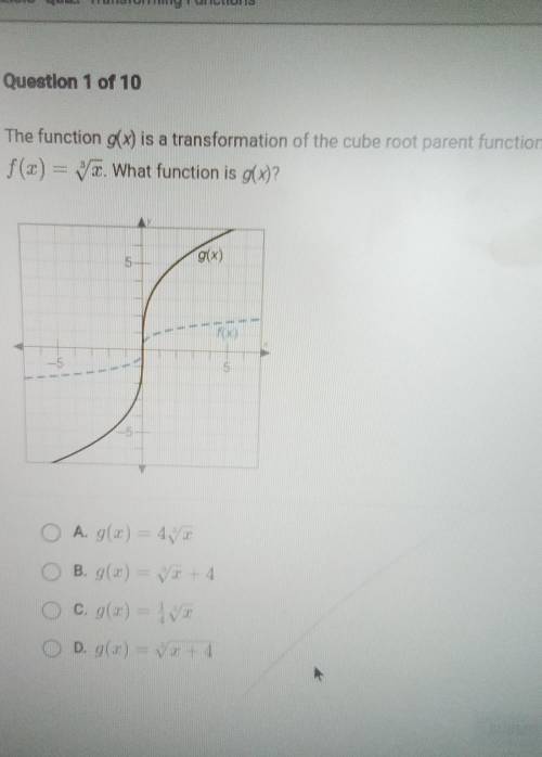 Question 1 of 10 The function g(x) is a transformation of the cube root parent function, f(x) = r.