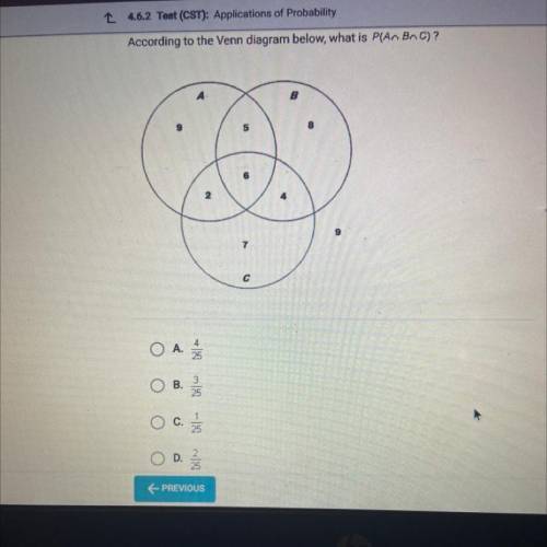 According to the Venn diagram below, what is p(a b c)