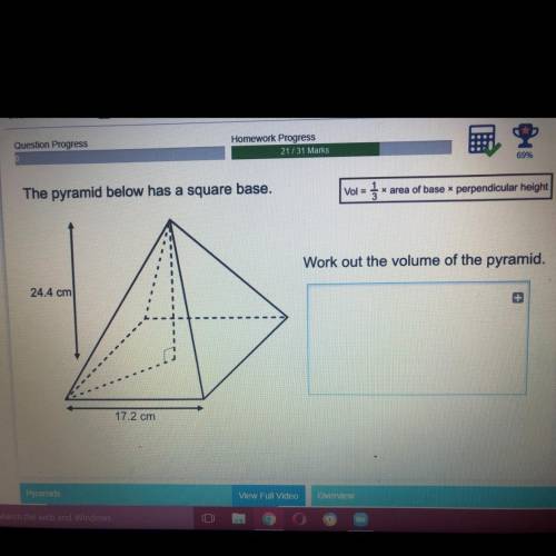 The pyramid below has a square base. Work out the volume of the pyramid