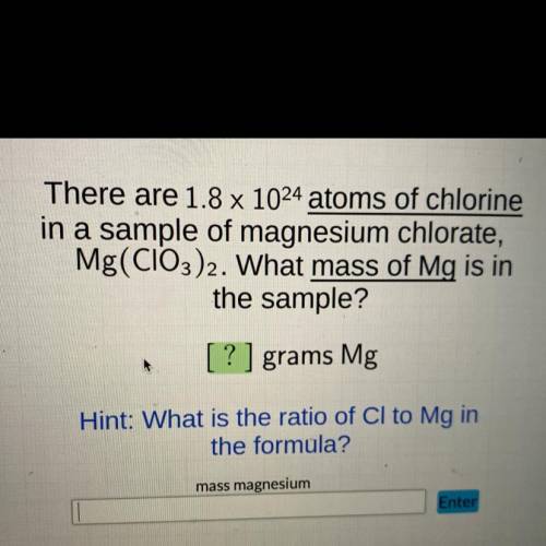 There are 1.8 x 10E24 atoms of chlorine in a sample of magnesium chlorate, Mg (ClO3)2 . What mass o