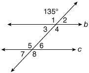 If 1 measures 135°, what is the measure of 6? (Lines b and c are parallel.)

65°
45°
135°
90°