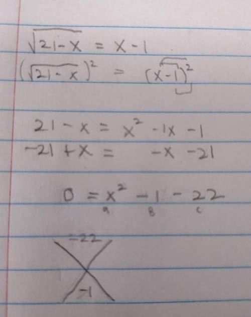 Solve for all possible values of x.

√21 - x = x - 1I do not know if I'm doing it right and also I