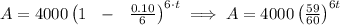 A=4000\left(1~~ - ~~\frac{0.10}{6}\right)^{6\cdot t}\implies A=4000\left( \frac{59}{60} \right)^{6t}