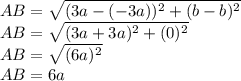 \displaystyle \large{AB=\sqrt{(3a-(-3a))^2+(b-b)^2}}\\\displaystyle \large{AB=\sqrt{(3a+3a)^2+(0)^2}}\\\displaystyle \large{AB=\sqrt{(6a)^2}}\\\displaystyle \large{AB=6a}