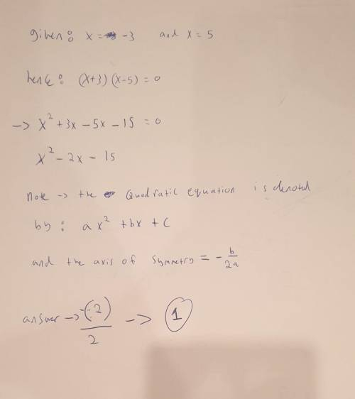 29 If the zeros of a quadratic function, F, are -3 and 5, what is the equation of the axis of symmet
